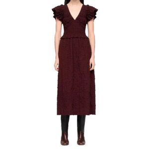 SEA Women Small Bordeaux Red Piero Flutter Sleeve Seersucker Midi Dress V-Neck
